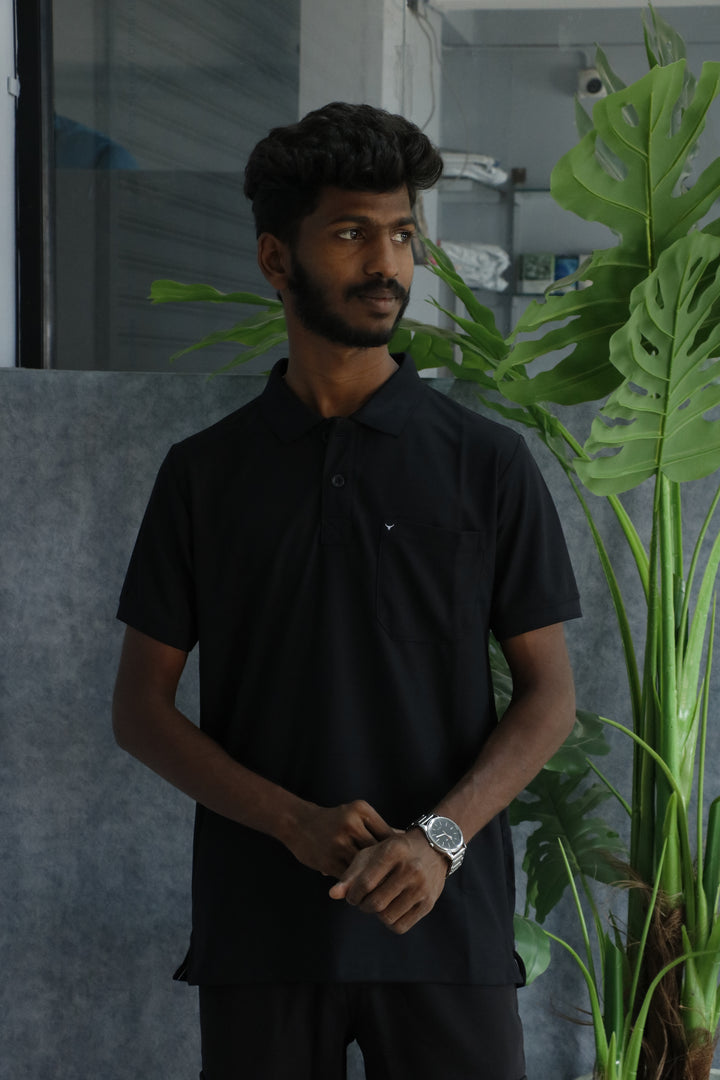 Mens Short Sleeve Collar Neck Pocket Polo Tshirt - Black