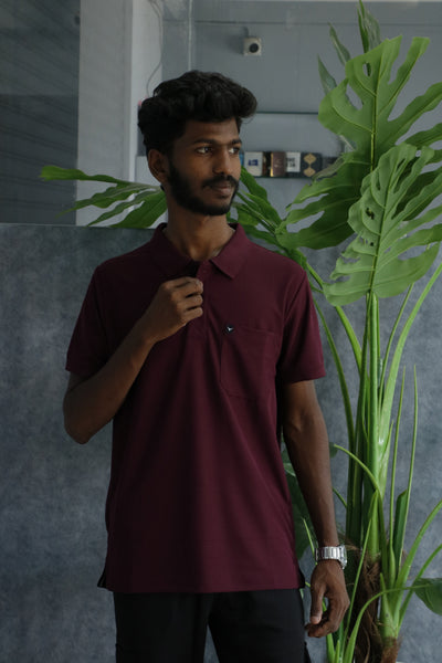 Mens Short Sleeve Collar Neck Pocket Polo Tshirt - Maroon