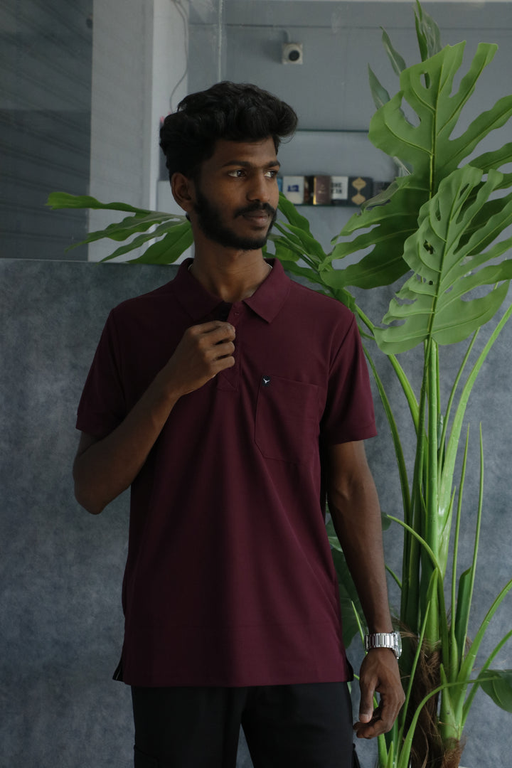 Mens Short Sleeve Collar Neck Pocket Polo Tshirt - Maroon