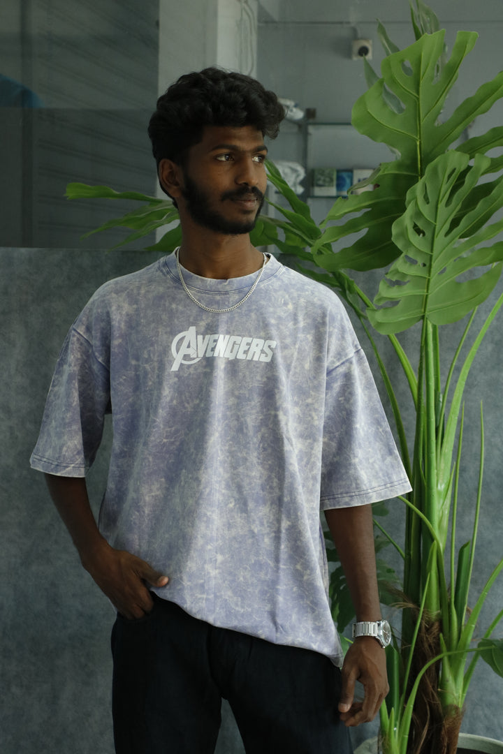 Men’s Acid Wash Oversized Graphic T-Shirt – AVENGERS Print - Light Blue