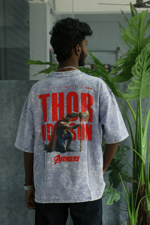 Men’s Acid Wash Oversized Graphic T-Shirt – AVENGERS Print - Light Blue