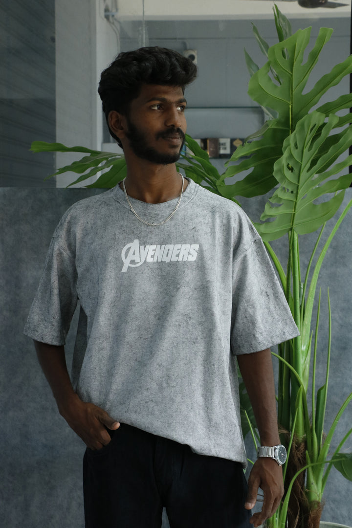 Men’s Acid Wash Oversized Graphic T-Shirt – AVENGERS Print - Ash