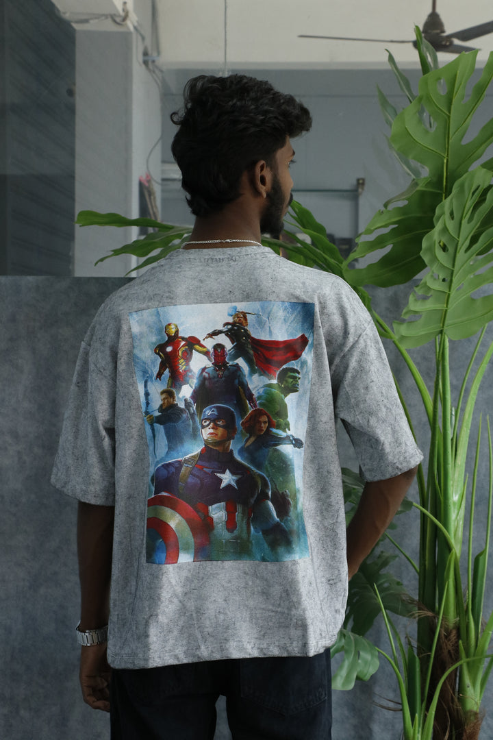 Men’s Acid Wash Oversized Graphic T-Shirt – AVENGERS Print - Ash