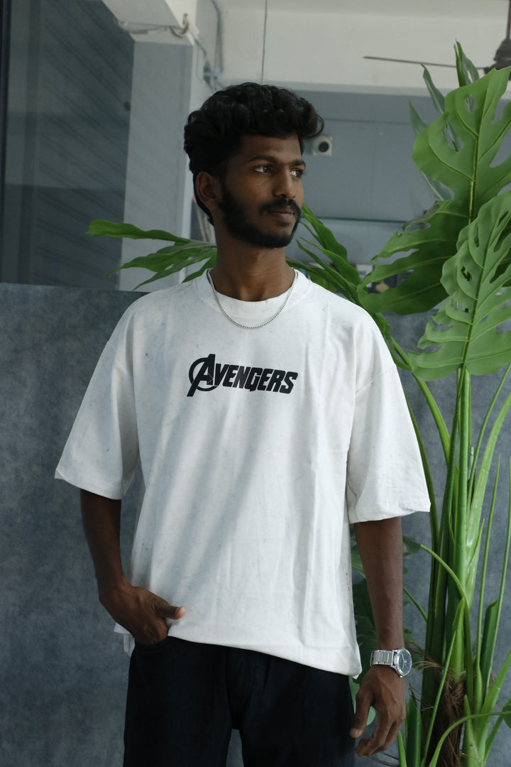 Men’s Acid Wash Oversized Graphic T-Shirt – AVENGERS Print - White