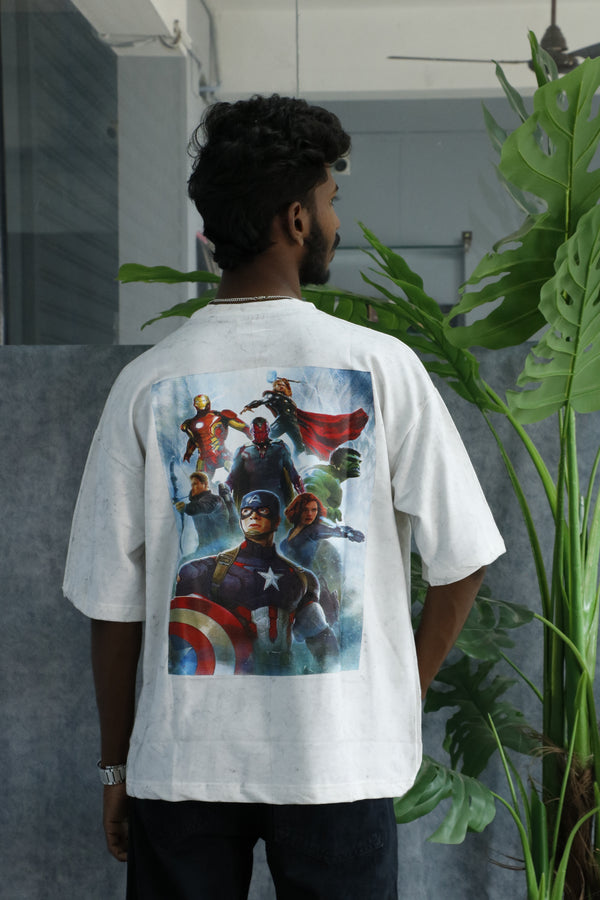 Men’s Acid Wash Oversized Graphic T-Shirt – AVENGERS Print - White