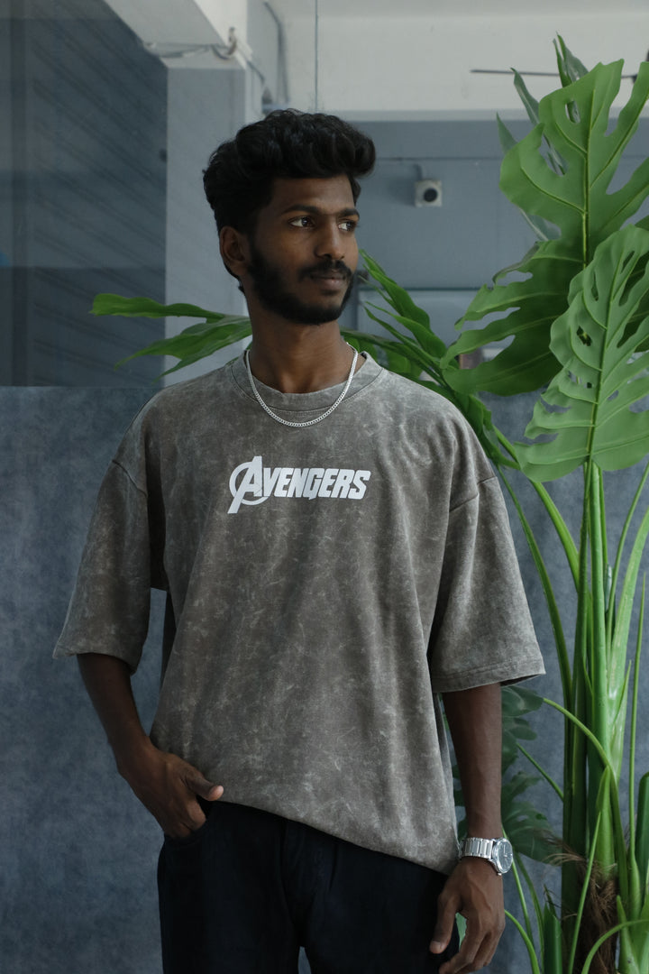 Men’s Acid Wash Oversized Graphic T-Shirt – AVENGERS Print - Grey