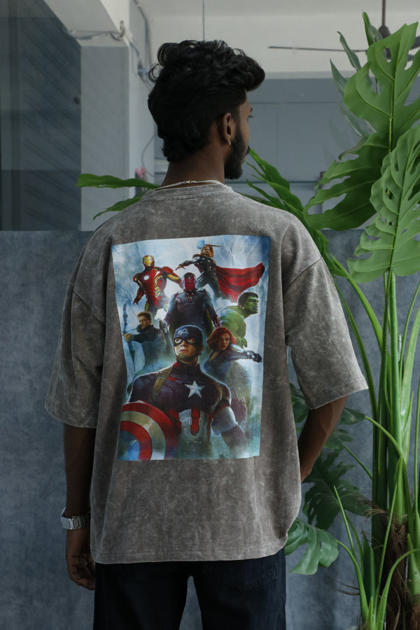 Men’s Acid Wash Oversized Graphic T-Shirt – AVENGERS Print - Grey