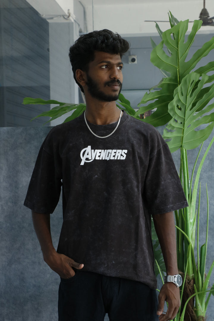 Men’s Acid Wash Oversized Graphic T-Shirt – AVENGERS Print - Black