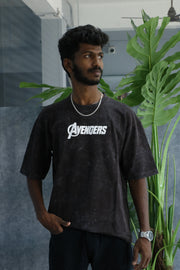 Men’s Acid Wash Oversized Graphic T-Shirt – AVENGERS Print - choclate brown