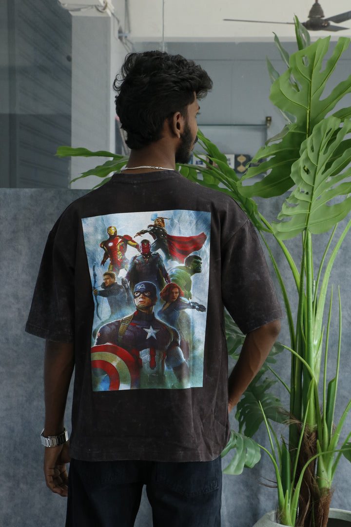 Men’s Acid Wash Oversized Graphic T-Shirt – AVENGERS Print - Black