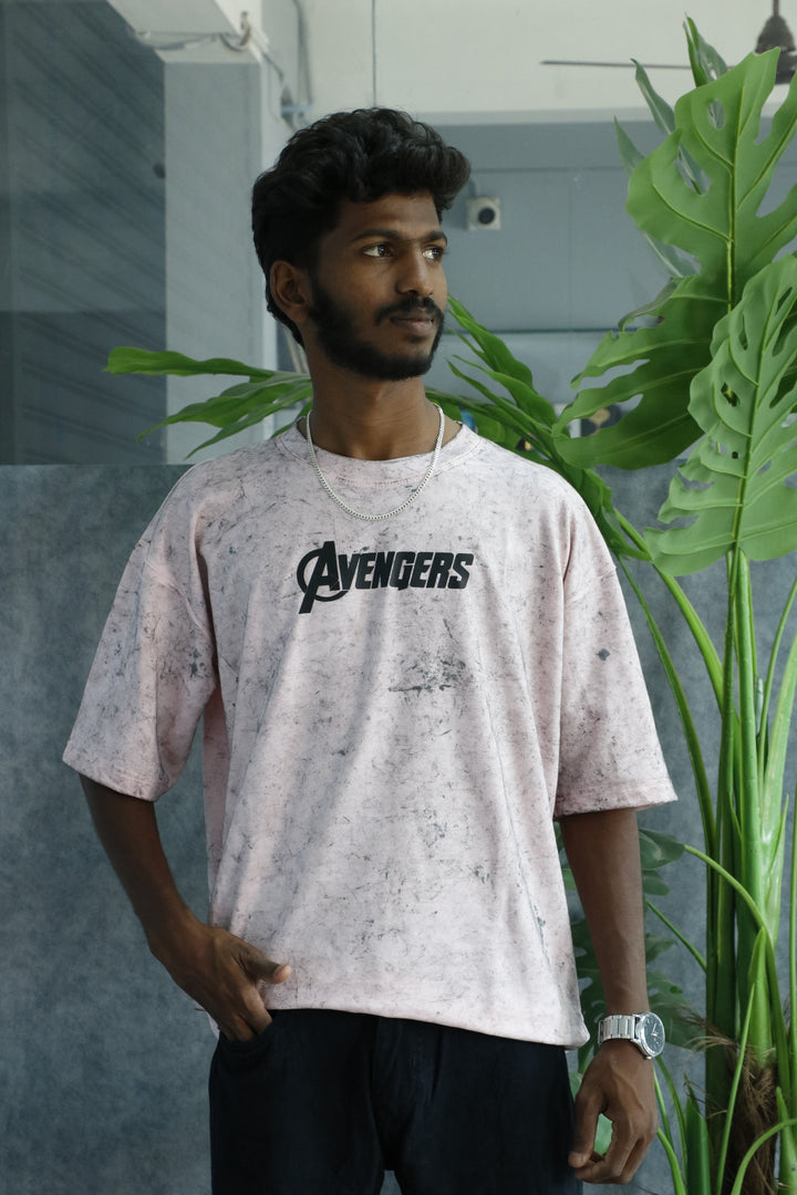 Men’s Acid Wash Oversized Graphic T-Shirt – AVENGERS Print - Light Pink