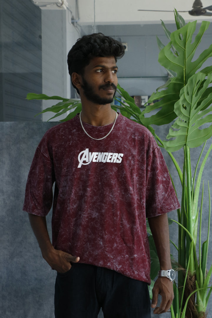 Men’s Acid Wash Oversized Graphic T-Shirt – AVENGERS Print - Maroon
