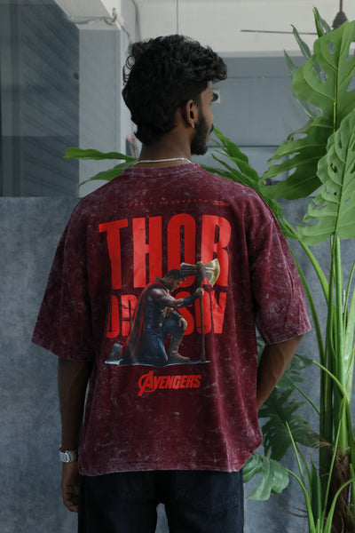 Men’s Acid Wash Oversized Graphic T-Shirt – AVENGERS Print - Maroon