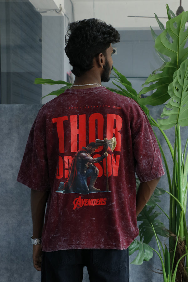 Men’s Acid Wash Oversized Graphic T-Shirt – AVENGERS Print - Maroon