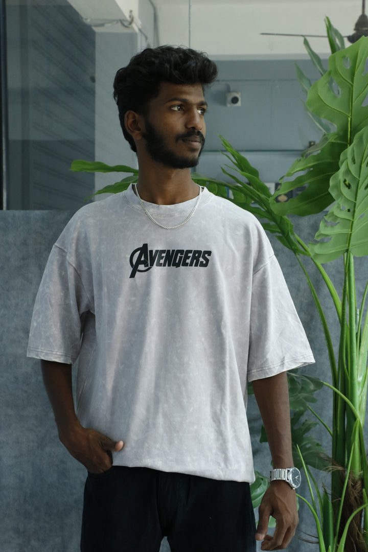 Men’s Acid Wash Oversized Graphic T-Shirt – AVENGERS Print - Off White