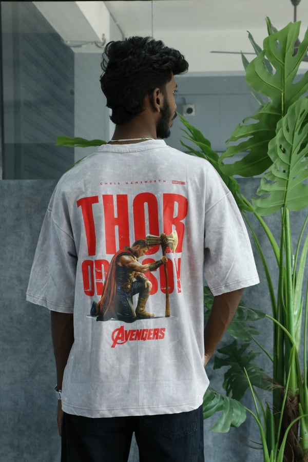 Men’s Acid Wash Oversized Graphic T-Shirt – AVENGERS Print - Off White