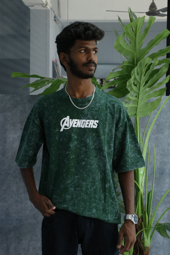Men’s Acid Wash Oversized Graphic T-Shirt – AVENGERS Print - Dark Green – alternate view – 7MAN India