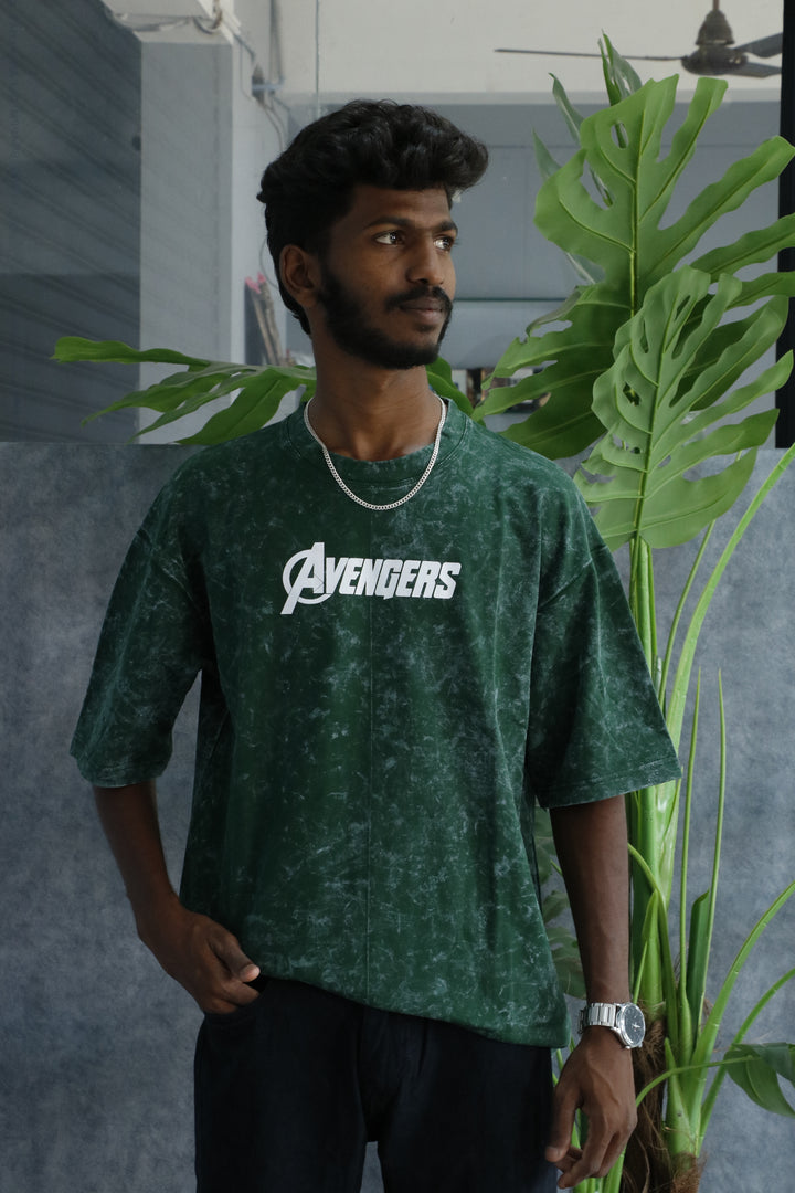 Men’s Acid Wash Oversized Graphic T-Shirt – AVENGERS Print - Dark Green
