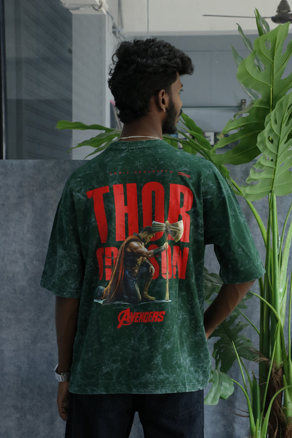 Men’s Acid Wash Oversized Graphic T-Shirt – AVENGERS Print - Dark Green
