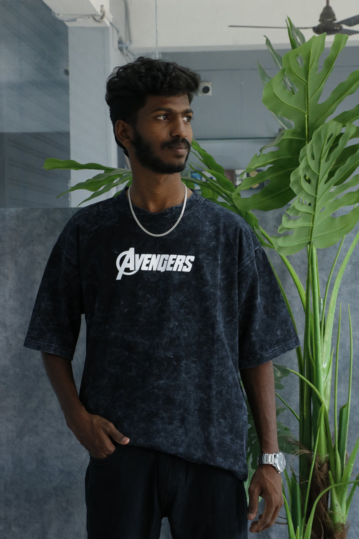 Men’s Acid Wash Oversized Graphic T-Shirt – AVENGERS Print - Forest Green