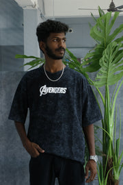 Men’s Acid Wash Oversized Graphic T-Shirt – AVENGERS Print - Black
