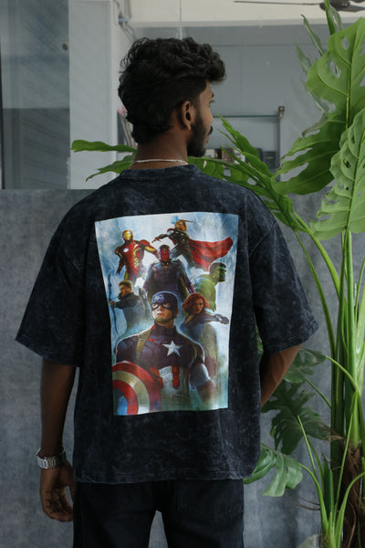 Men’s Acid Wash Oversized Graphic T-Shirt – AVENGERS Print - Forest Green