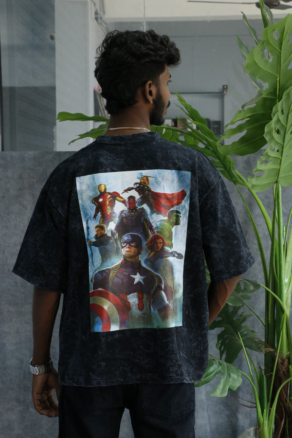 Men’s Acid Wash Oversized Graphic T-Shirt – AVENGERS Print - Forest Green