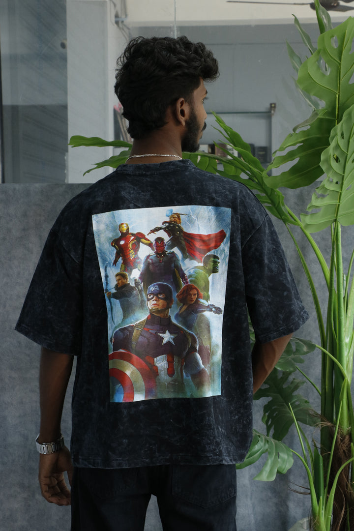 Men’s Acid Wash Oversized Graphic T-Shirt – AVENGERS Print - Forest Green