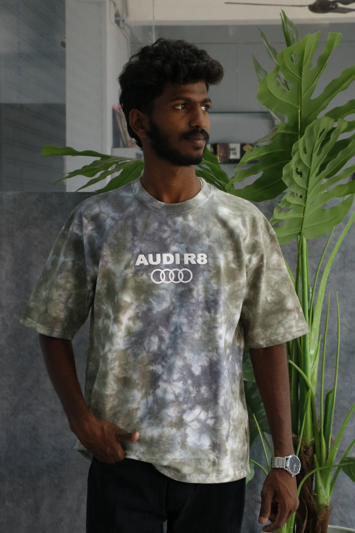 Men's Tie-Dye Racing R8 Graphic Oversized T-Shirt - Grey & Black