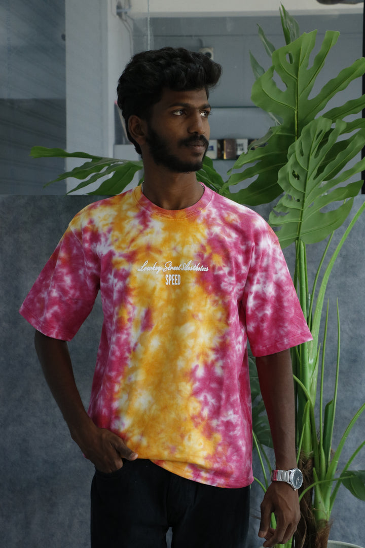 Men's Tie-Dye Racing Graphic Oversized T-Shirt - Pink & Yellow