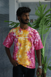 Men's Tie-Dye Racing Graphic Oversized T-Shirt - Pink & Yellow