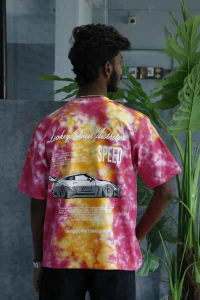 Men's Tie-Dye Racing Graphic Oversized T-Shirt - Pink & Yellow