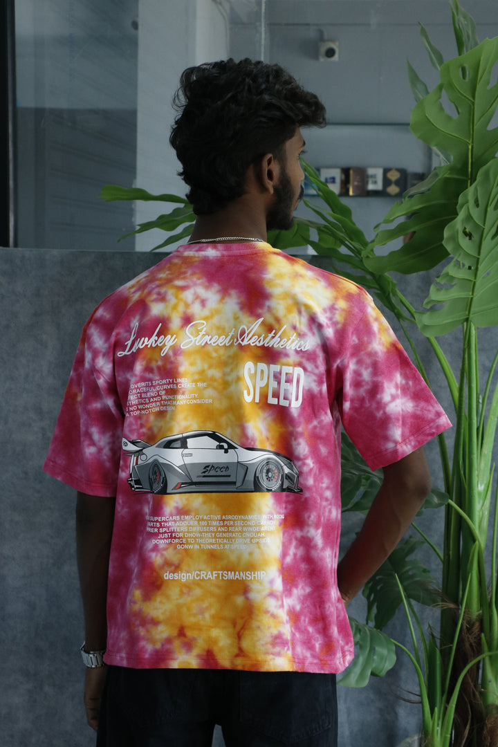 Men's Tie-Dye Racing Graphic Oversized T-Shirt - Pink & Yellow