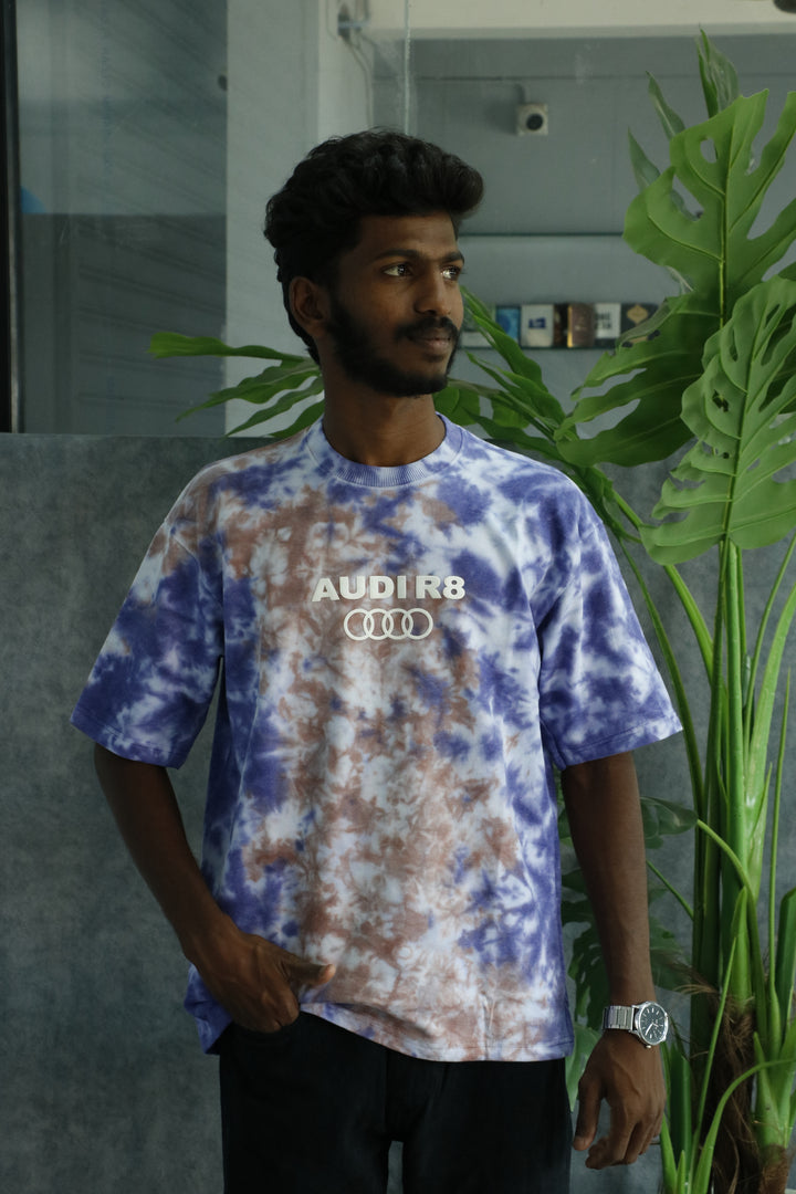 Men's Tie-Dye Racing R8 Graphic Oversized T-Shirt - Dark Blue & Orange