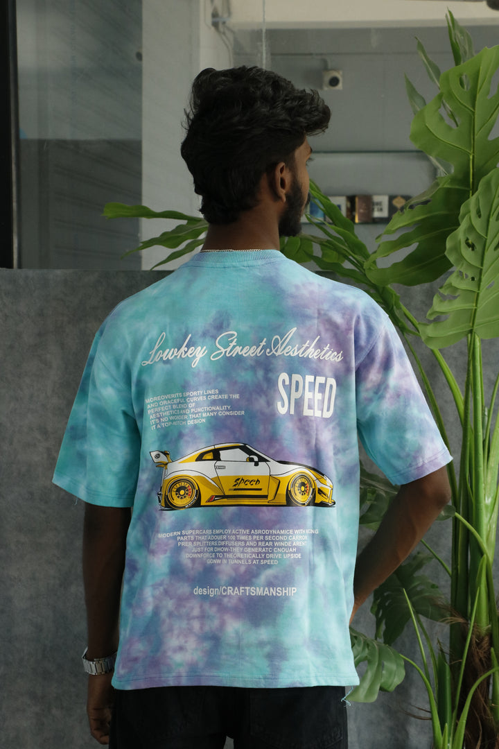 Men's Tie-Dye Racing Graphic Oversized T-Shirt - Sea Blue