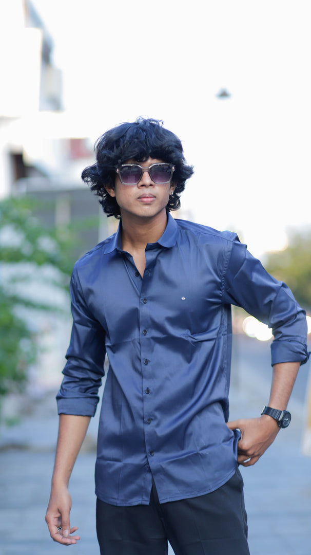 FULL SLEEVE ATTRACTIVE SHINING PARTY WEAR SHIRT-NAVY BLUE