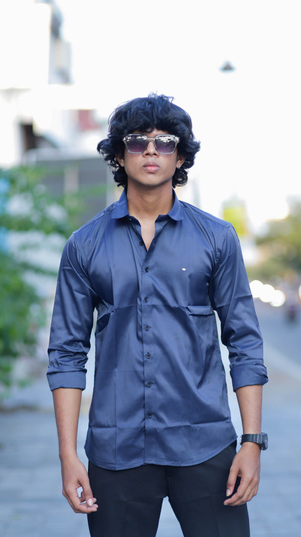 FULL SLEEVE ATTRACTIVE SHINING PARTY WEAR SHIRT-NAVY BLUE