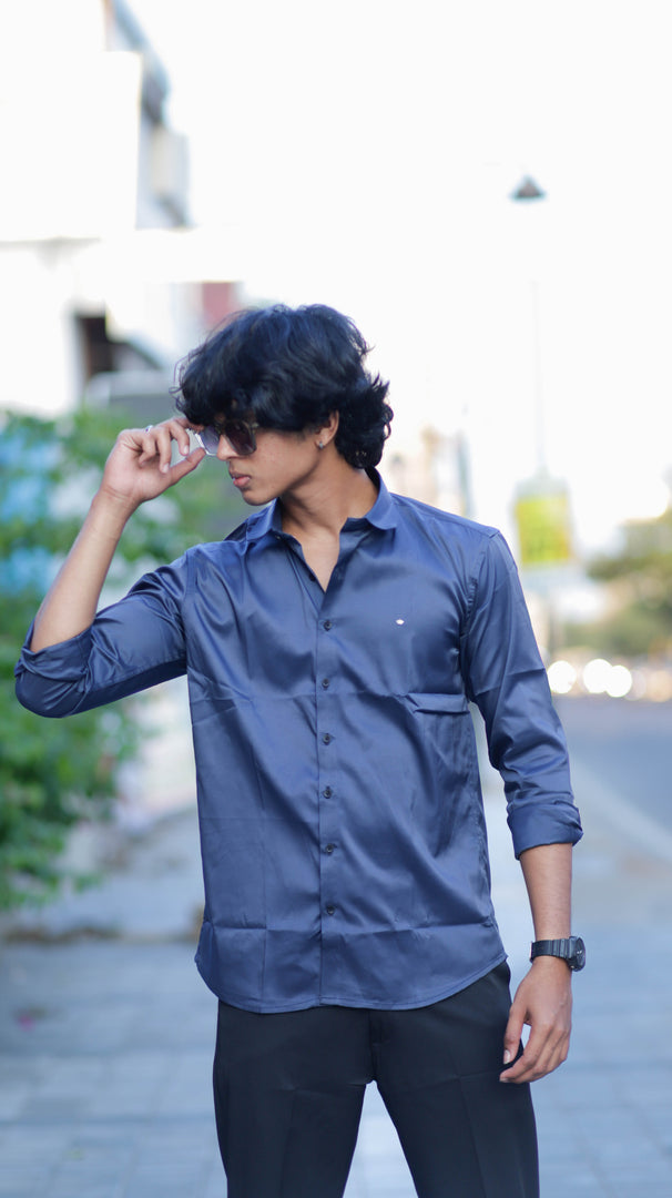 FULL SLEEVE ATTRACTIVE SHINING PARTY WEAR SHIRT-NAVY BLUE