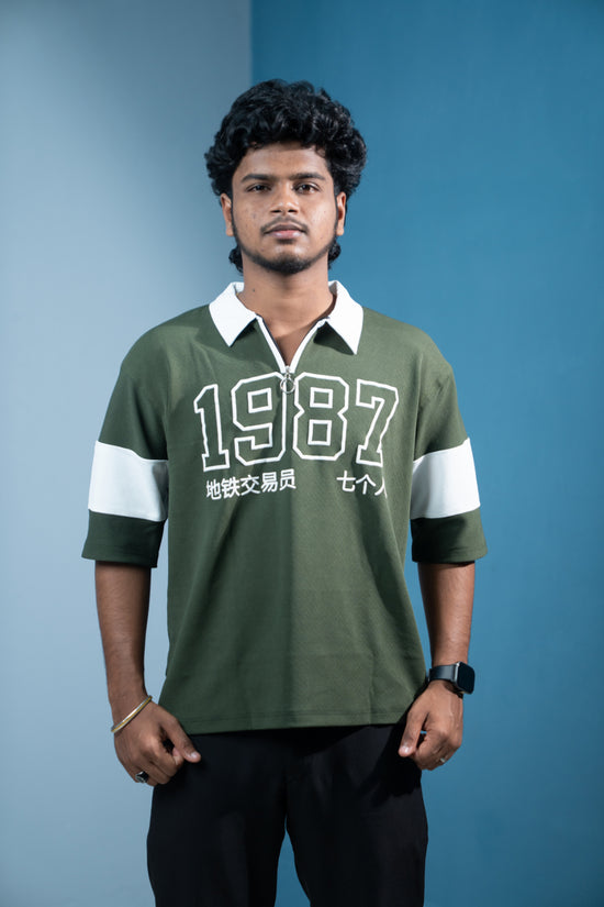 1987 Oversized Zipper T-Shirt for Men  Trending Korean Streetwear-Mahendhi Green