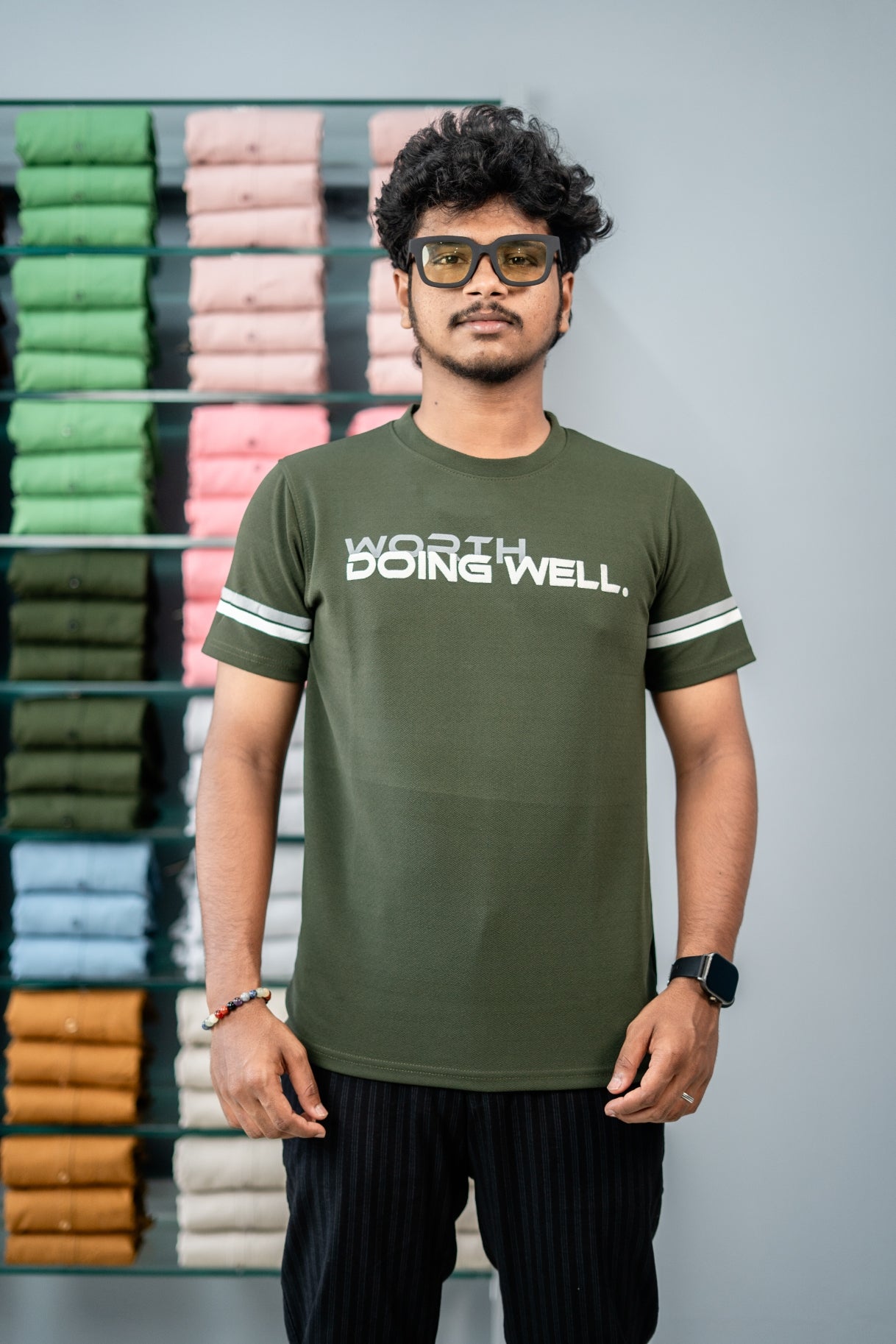 Short Sleeve Round Neck WORTH DOING WELL Printed Tshirt-Mehandhi Green