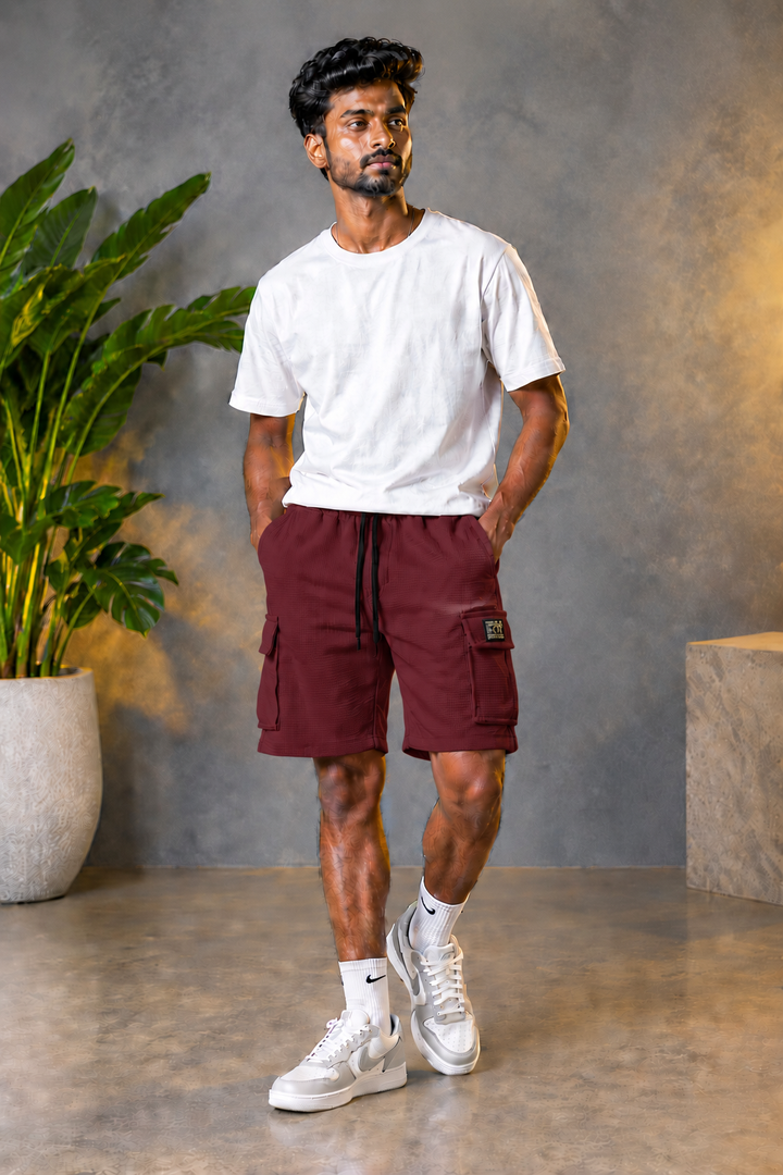 Daily Wear Men's Designer Fabric Textured Cargo Shorts - Maroon