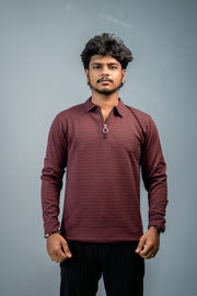 Textured Full Sleeve Korean Zipper Collar Tshirt- Grape  Shade