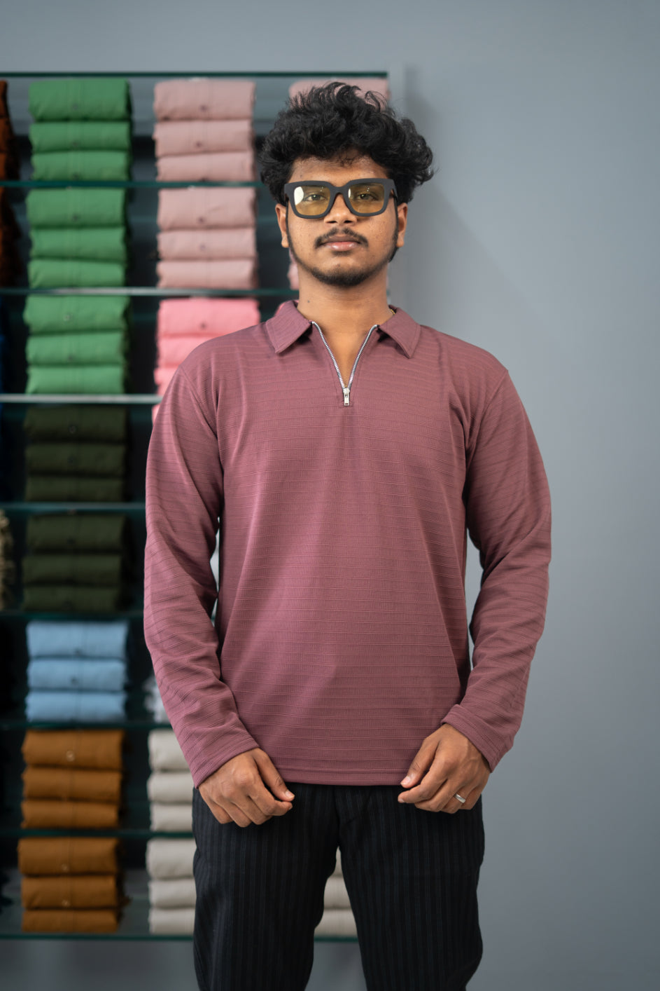 Stylish Full Sleeve Korean Zipper Collar Tshirt-Maroon