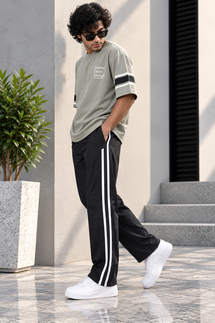 Men's Korean Baggy Double Stripe Dual Zip Track Pants - Black