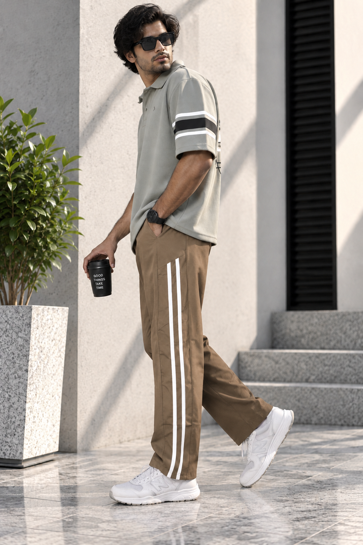 Men's Korean Baggy Double Stripe Dual Zip Track Pants - Beige