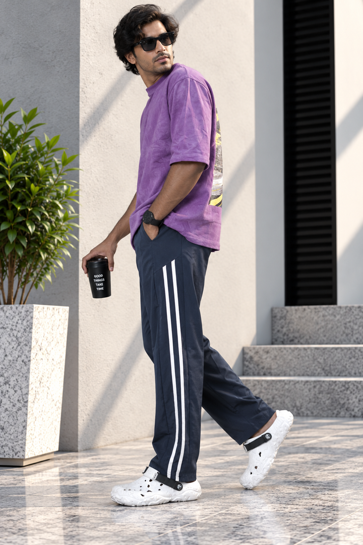 Men's Korean Baggy Double Stripe Dual Zip Track Pants - Navy Blue
