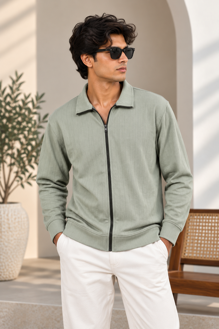 Men's Korean Full-Zip Textured Full Sleeve Tshirt green