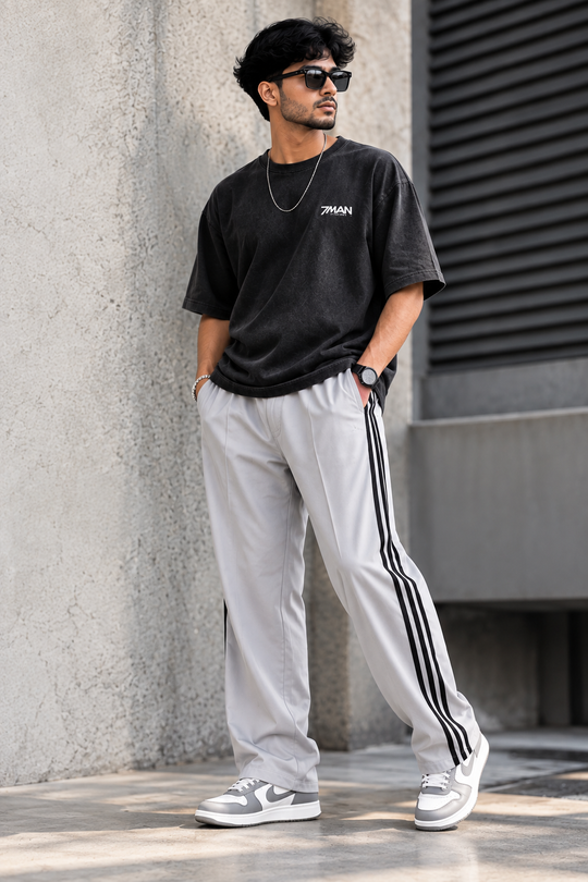 Men's Streetwear Triple Stripe Baggy Track Pants TWO SIDE ZIP - ASH – 7MAN Men's Fashion India