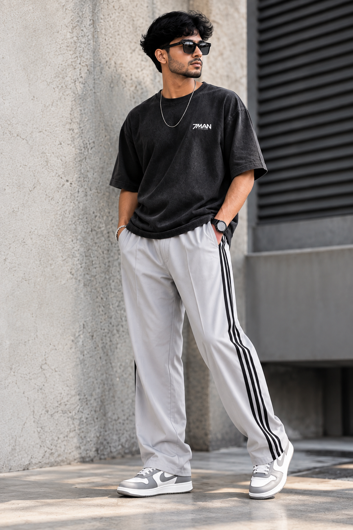 Men's Streetwear Triple Stripe Baggy Track Pants TWO SIDE ZIP - ASH