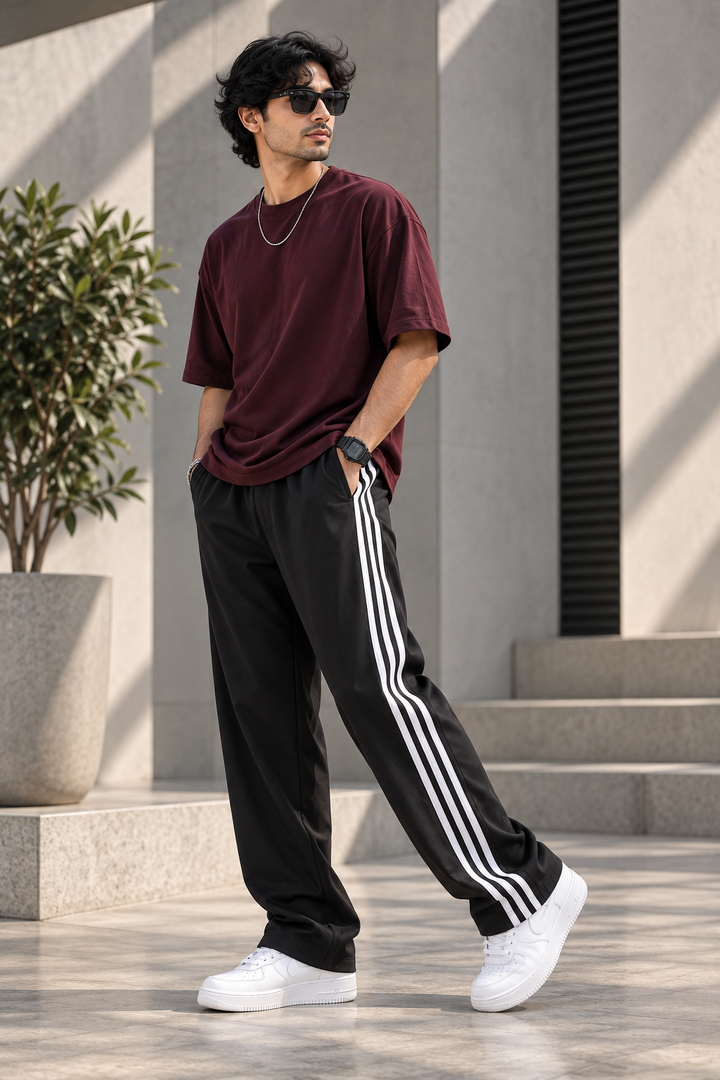 Men's Streetwear Triple Stripe Baggy Track Pants TWO SIDE ZIP  - Black